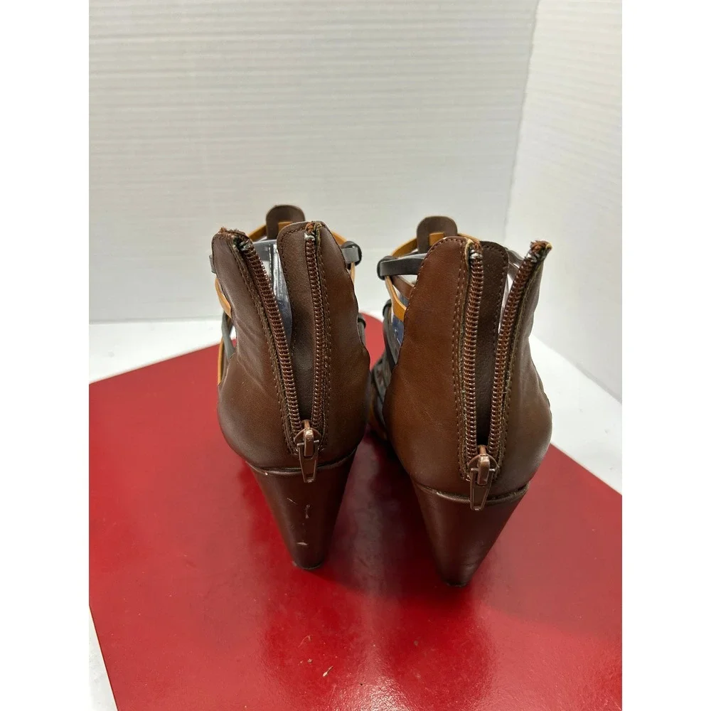 MIA Strappy Gladiator Wedge 8 Brown Multi Cage Zip Back Boho Festival Summer
